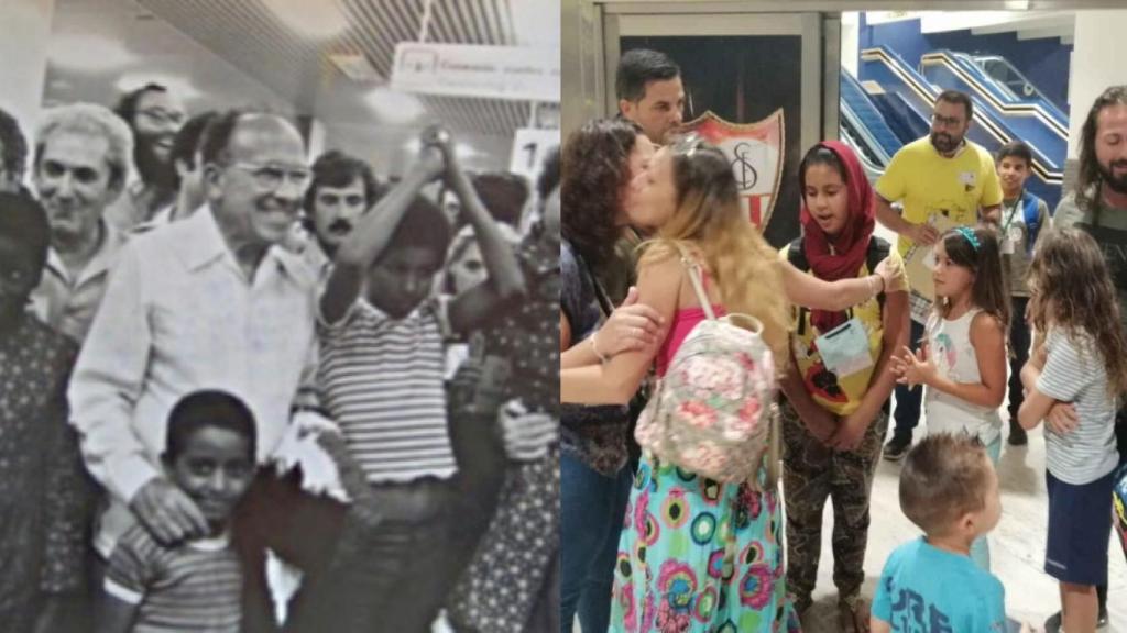 A la izquierda, primera edición del programa 'Vacaciones en Paz' en 1979, con el dirigente del PCE Santiago Carrillo recibiendo a los niños; a la derecha, un recibimiento actual.