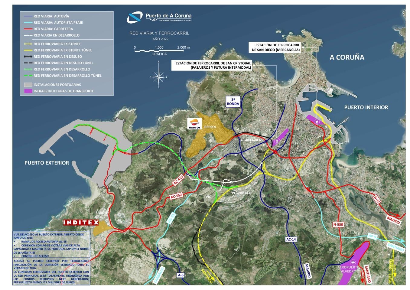 Accesibilidad al puerto exterior, tanto viaria como ferroviaria prevista.