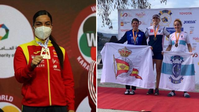 María Torres, a la izquierda, y Natalia de Miguel, a la derecha, con la bandera del RC Mediterráneo.