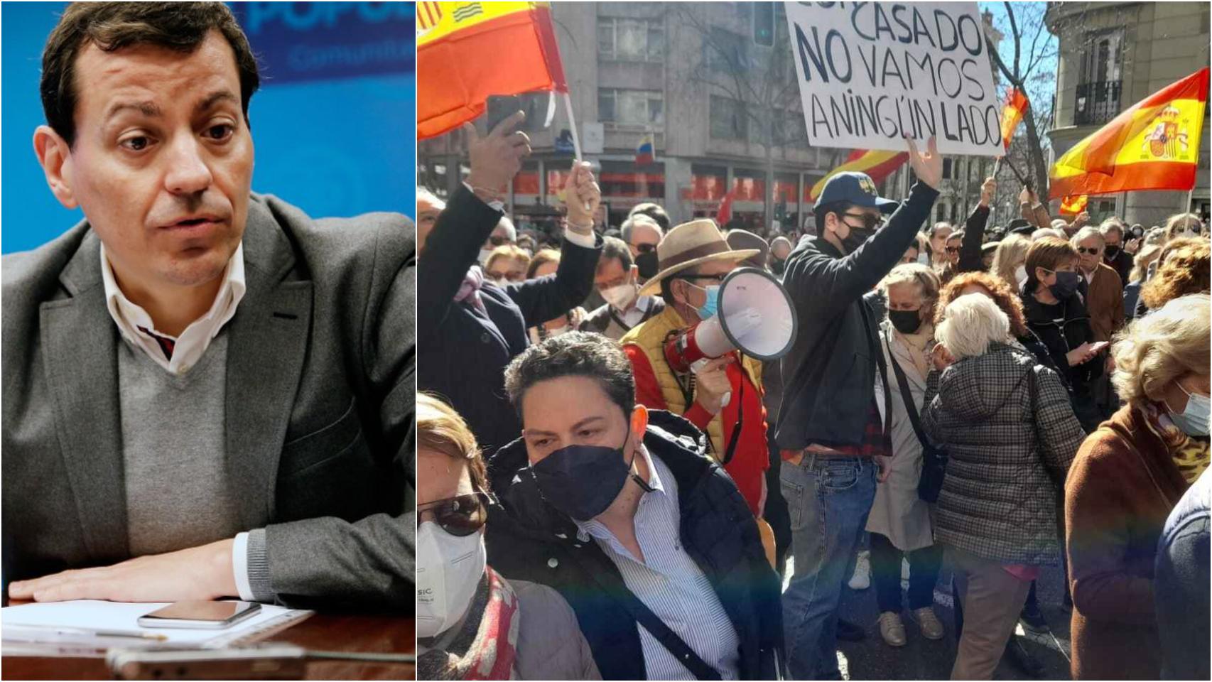 Un grupo de manifestantes el pasado domingo, en la calle Génova. A la derecha, Bayo.