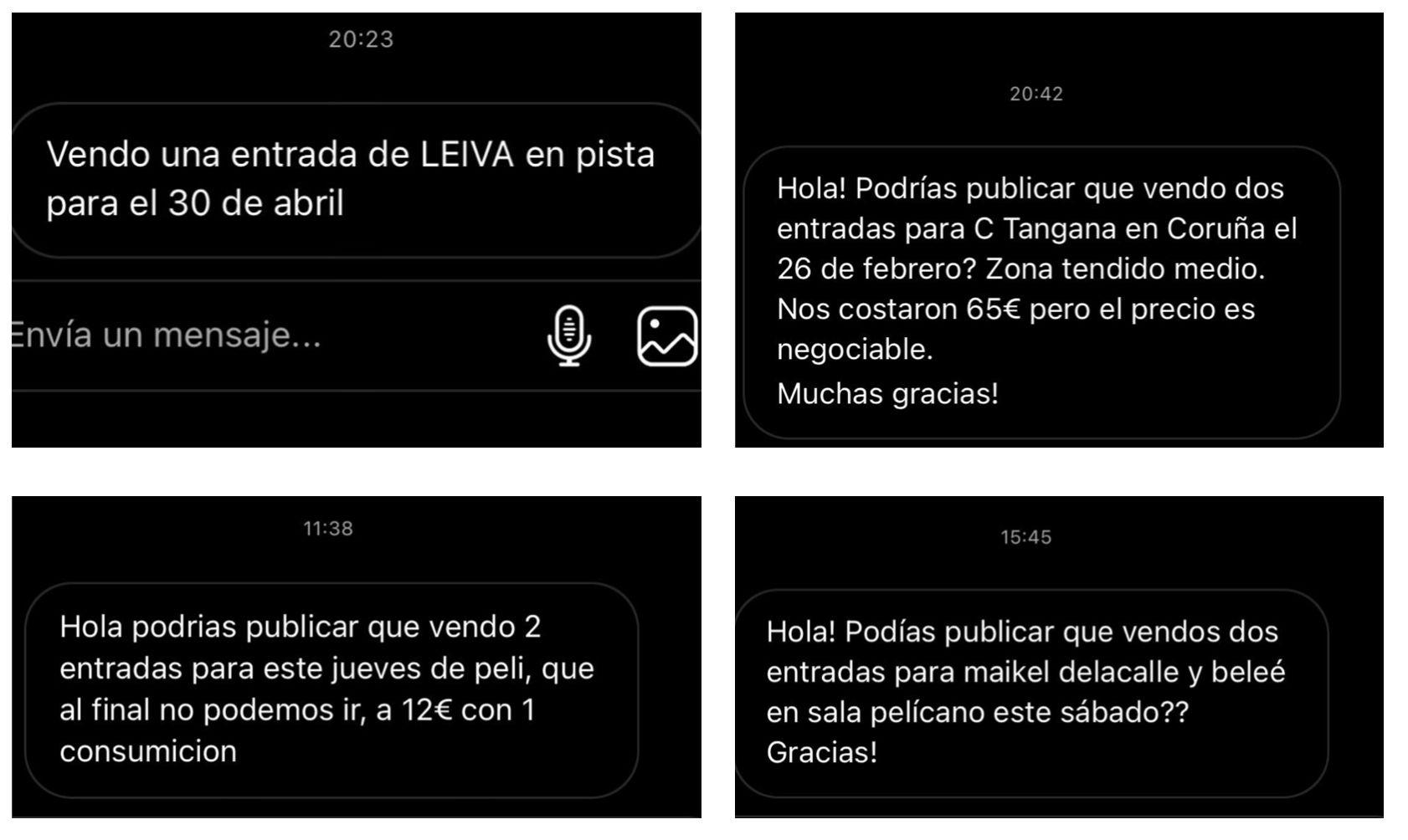 Mensajes de venta de entradas que se publican en @Udcrushh.