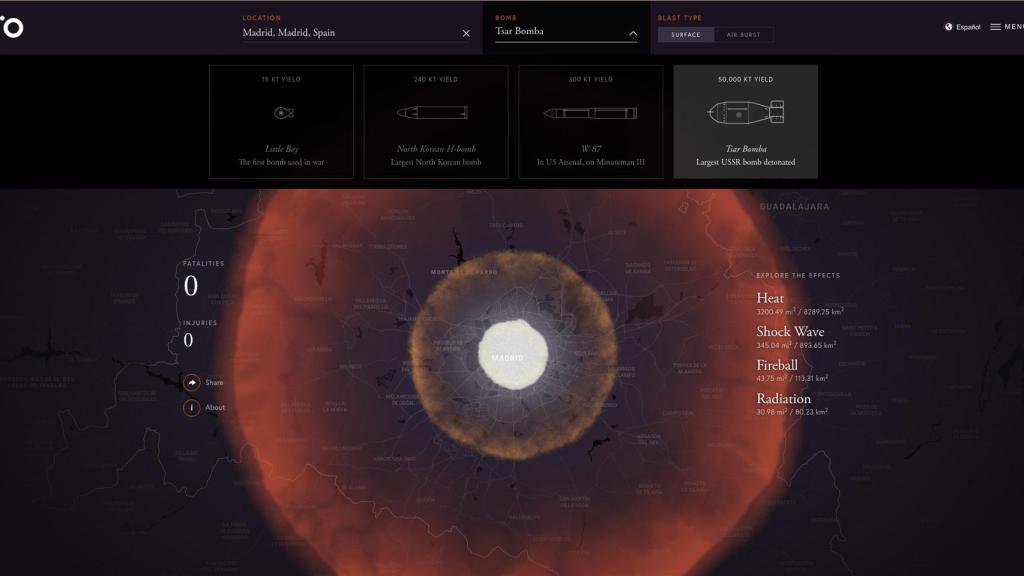 Menú del simulador de bombas nucleares.