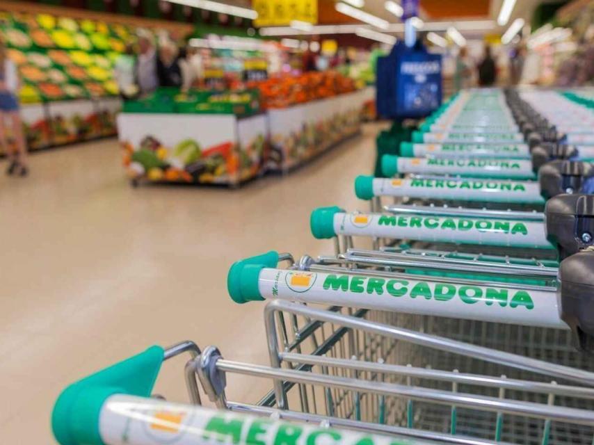 Una hilera de carros del Mercadona frente a la sección de frutería.