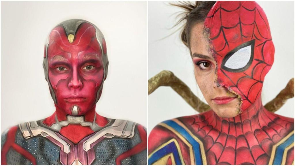 Zeltia Mateo caracterizada como Visión y Spiderman, personajes de Marvel.