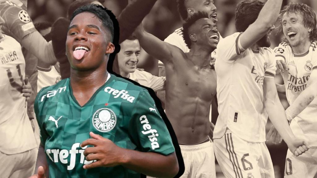 Endrick celebrando un gol, en un fotomontaje con la celebración del Real Madrid tras vencer al PSG.