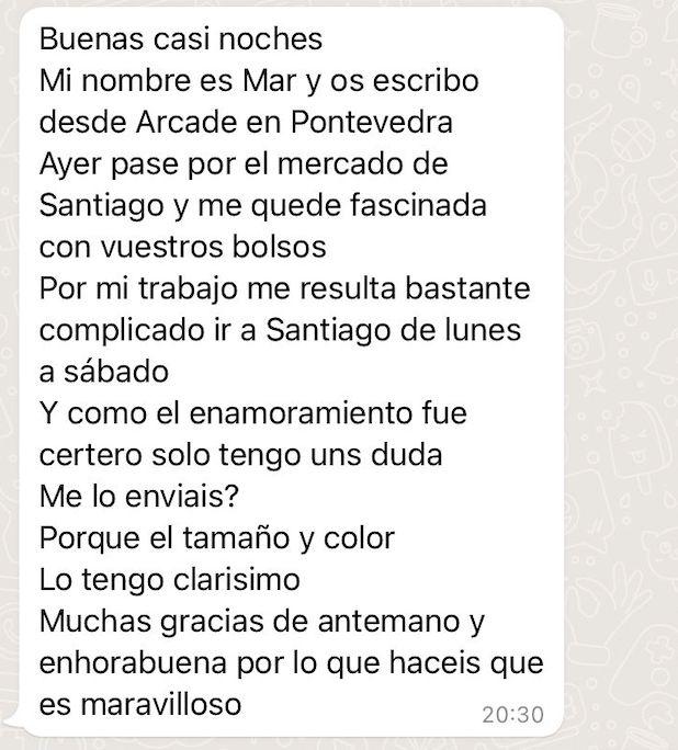 Mensajes que recibe Patricia de clientas interesadas en los bolsos.