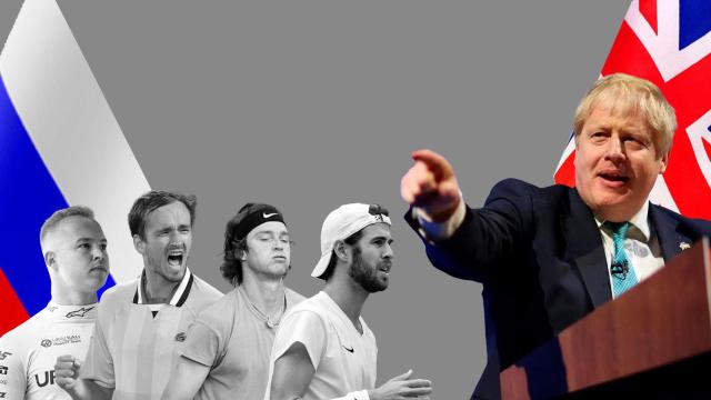 Fotomontaje de Nikita Mazepin, Daniil Medvédev, Andréi Rubliov, Karén Jachánov y Boris Johnson