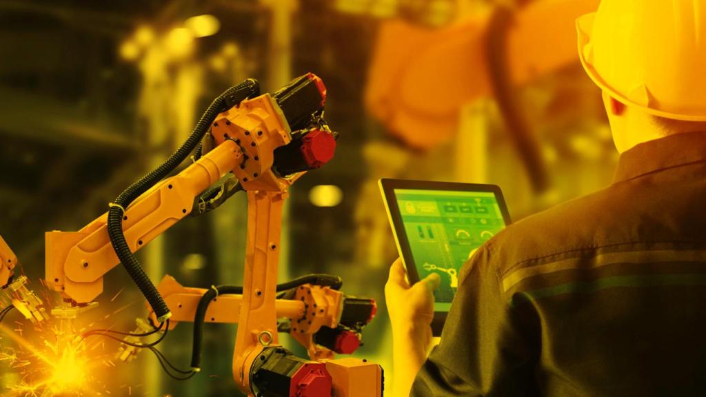 Un operario realiza operaciones matemáticas con un dispositivo en una planta de producción.