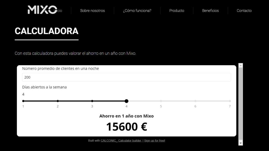 Calculadora de la web de Mixo Drinks