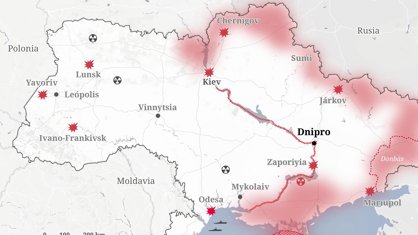 Mapa de Ucrania con la frontera del río.