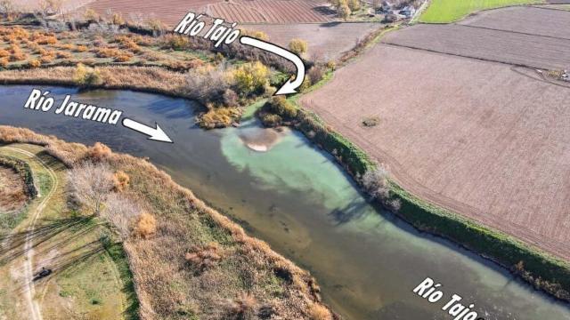 Confluencia del Jarama (el cauce más ancho y aguas oscuras) con el Tajo (cauce más pequeño y aguas verdosas y limpias).