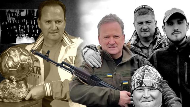 Igor Belanov, en un fotomontaje con su Balón de Oro y empuñando un arma.