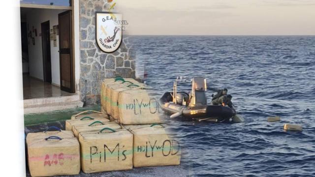 A la derecha, los fardos en tierra que habían aprehendido agentes de la Guardia Civil de Alicante.