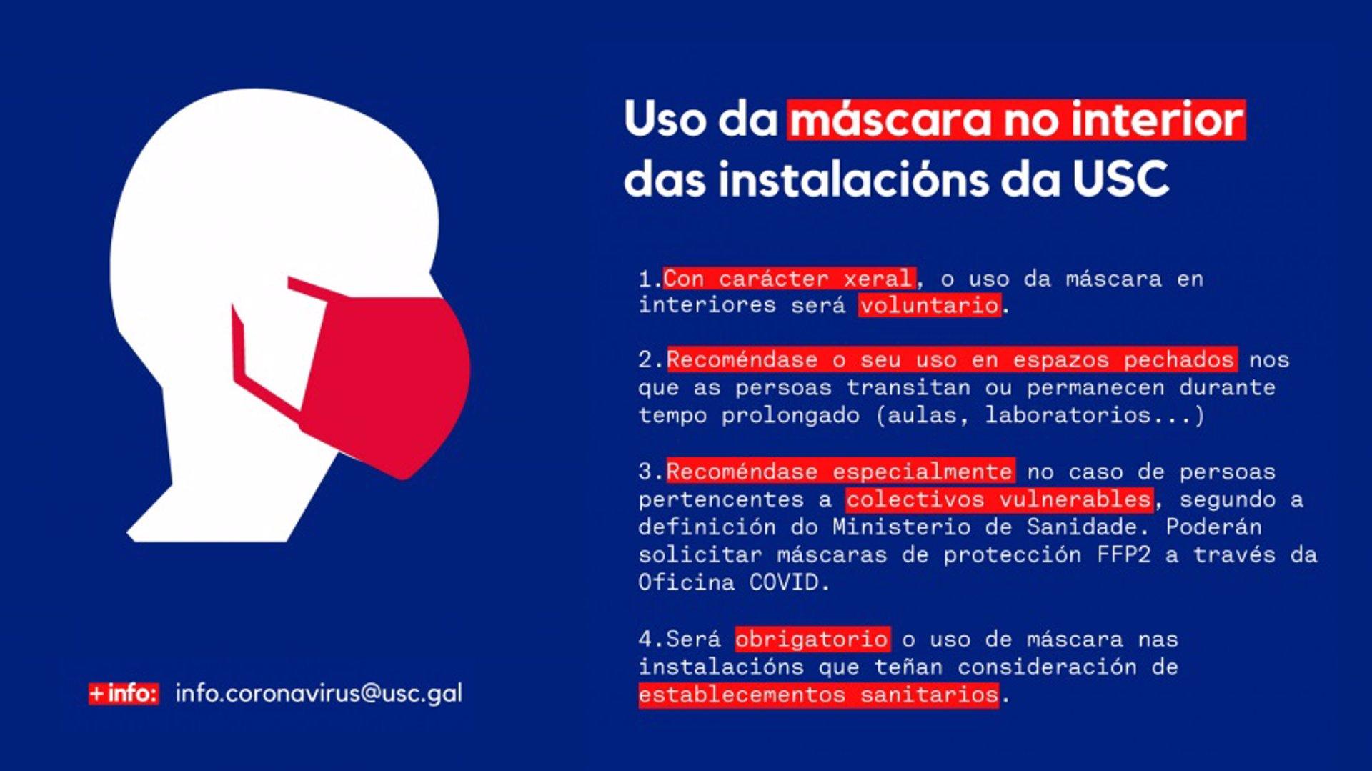 Nuevas instrucciones para el uso de la mascarilla en la USC.