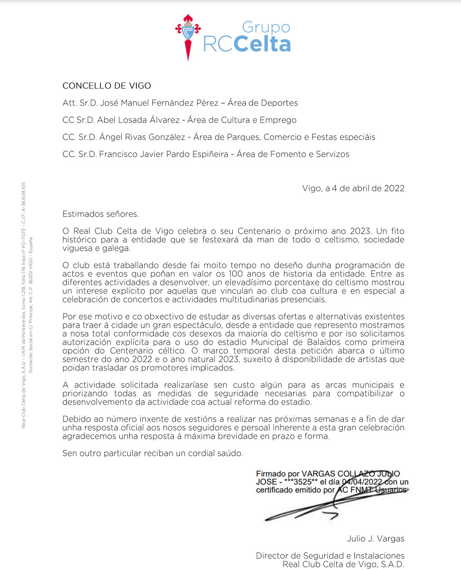 Solicitud del Real Club Celta al Concello de Vigo. Imagen: Cedida