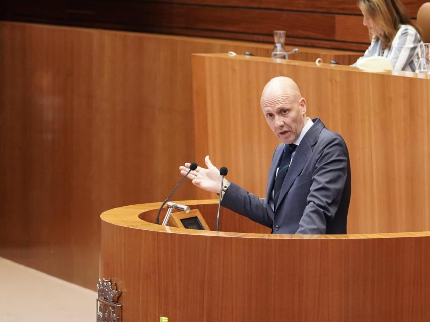El portavoz de Vox, Carlos Menéndez, durante una intervención ante el pleno de las Cortes.