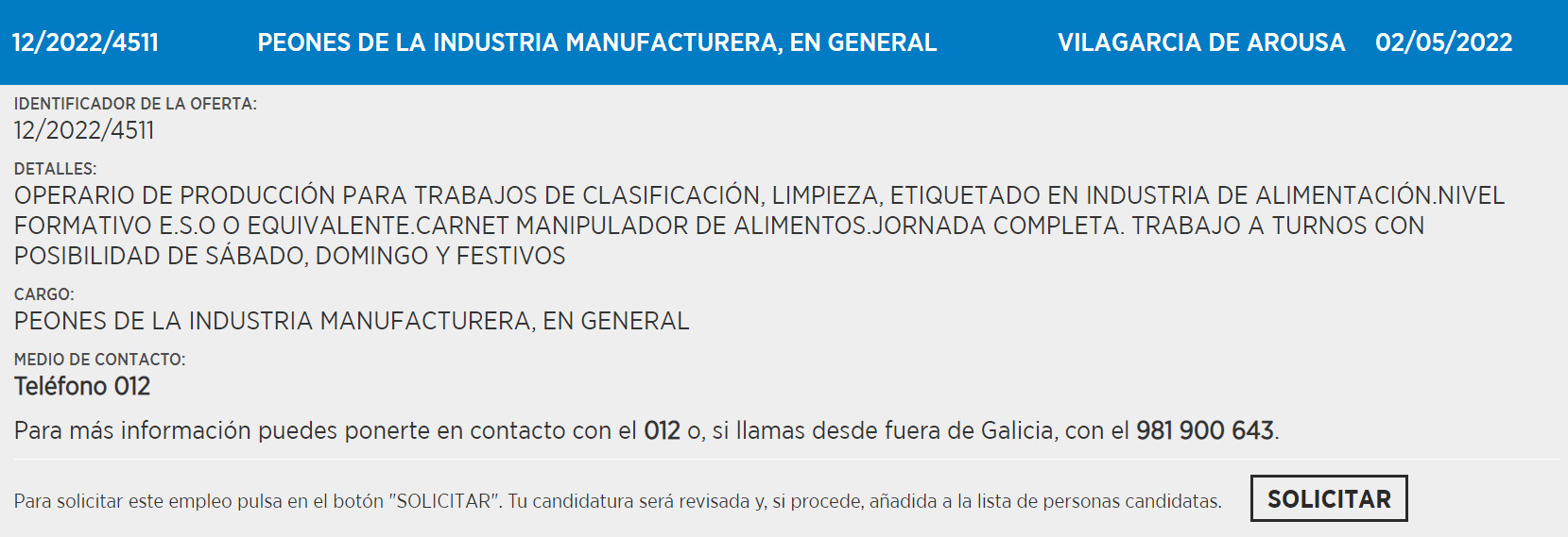 Oferta de empleo en la web de la Xunta.