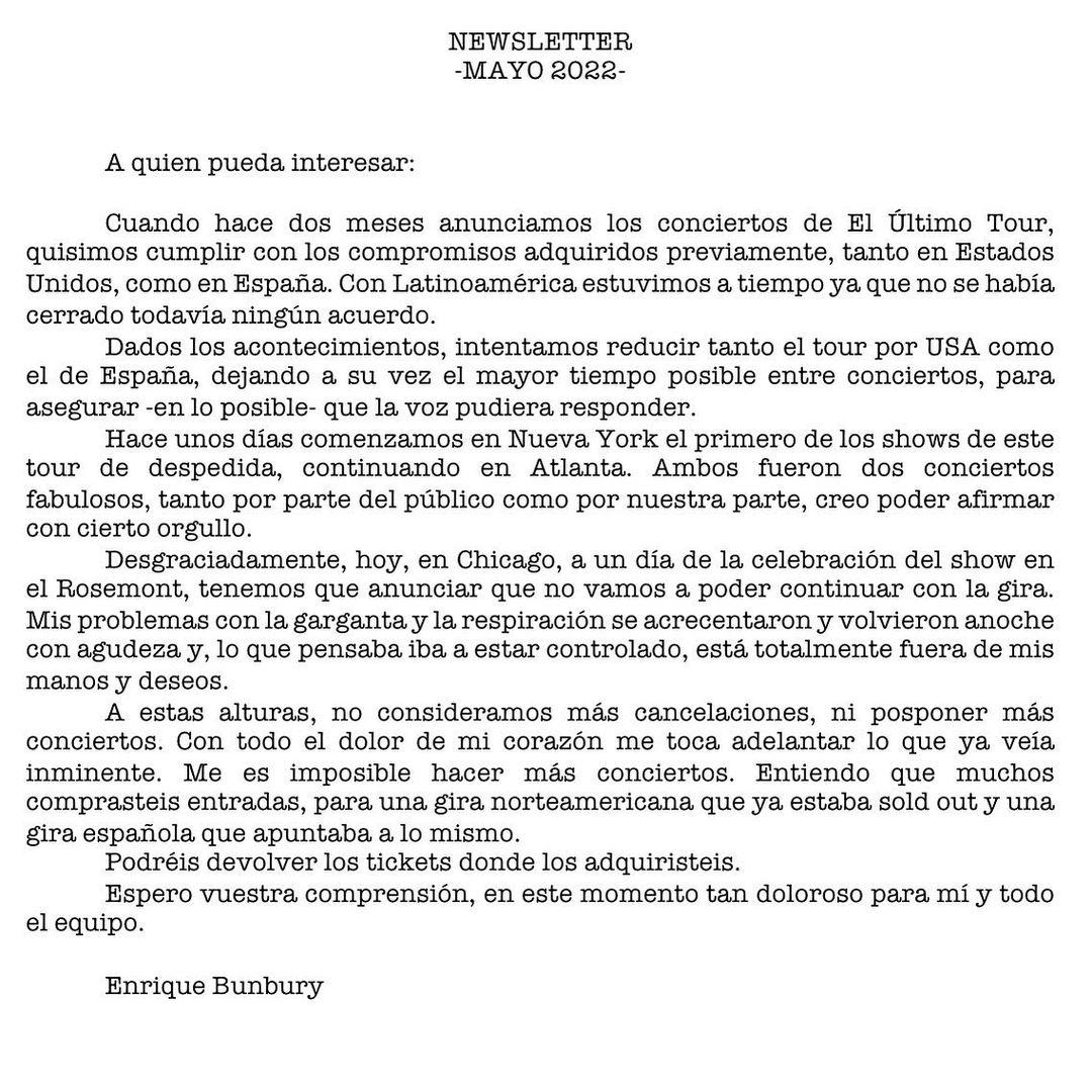 Publicación de Enrique Bunbury en su Instagram