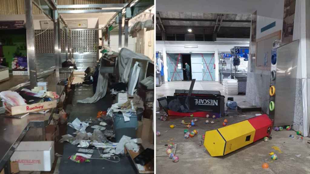 Destrozos en la Plaza de Abastos de O Porriño tras los robos de esta madrugada.