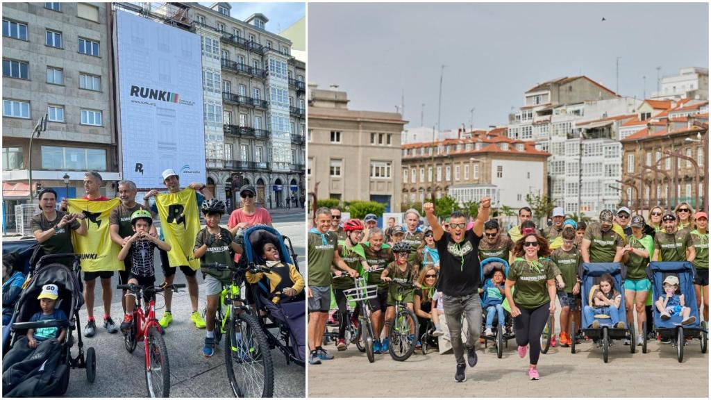 Una obra de Desarrolla de la plaza de Pontevedra con publicidad de Runki, y el previo a la carrera del pasado sábado