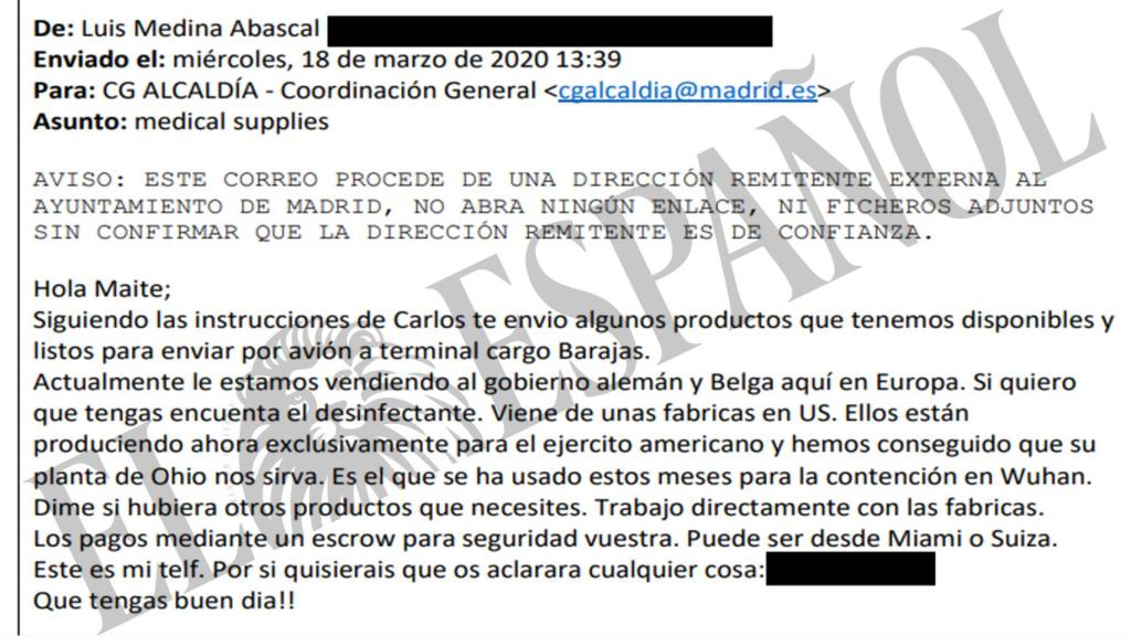 El primero de los correos enviado por Luis Medina a la Coordinación General de la Alcaldía de Madrid.
