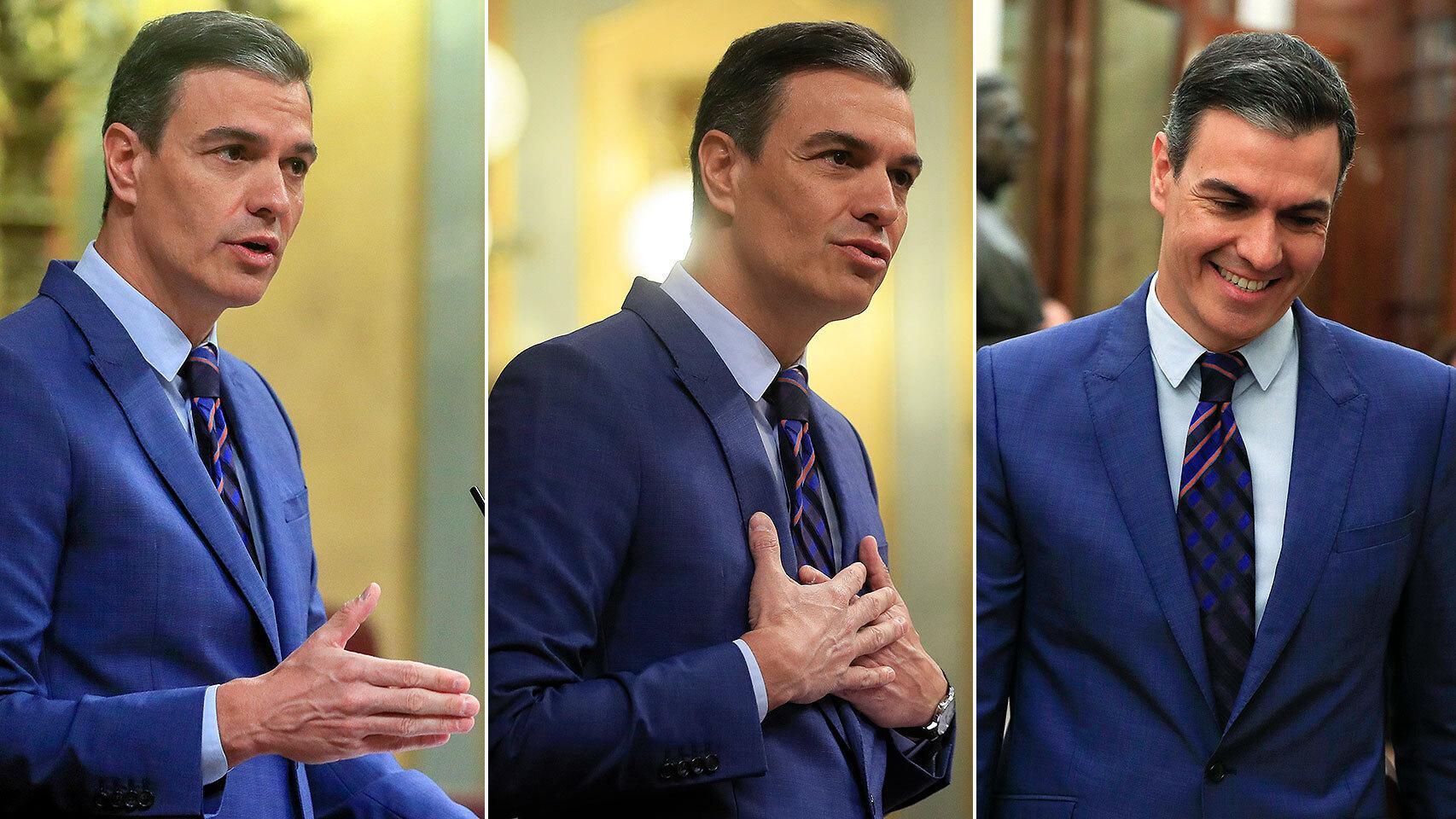 El presidente Pedro Sánchez, este jueves en distintos momentos de su comparecencia en el Congreso de los Diputados.