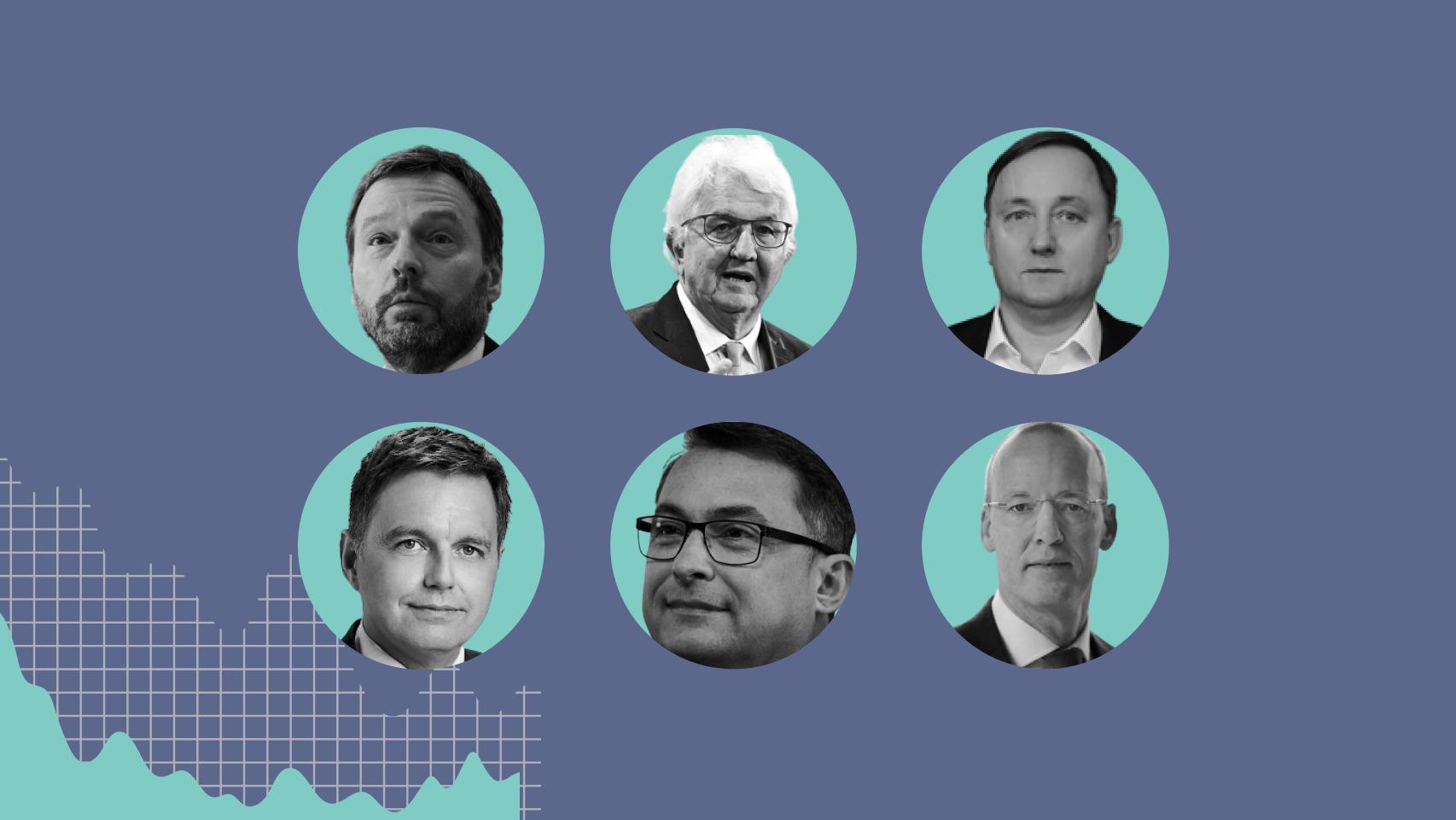 De izquierda a derecha y de arriba abajo: Pierre Wunsch, gobernador del Banco de Bélgica; Robert Holzmann, gobernador del Banco de Austria; Martins Kazaks, presidente del Banco de Letonia; Peter Kazimir, gobernador del Banco de Eslovaquia; Joachim Nagel, presidente del Bundesbank y Klaas Knot, gobernador del Banco de Holanda.