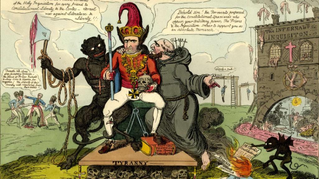 Caricatura realizada por George Cruikshank sobre Fernando VII, con el título de La maldición de España.