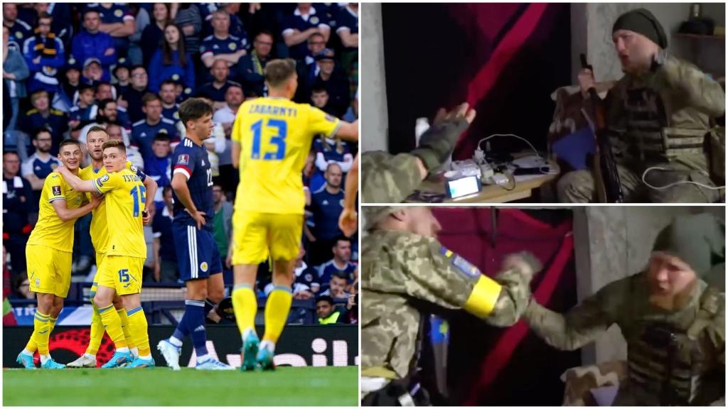 Soldados de Ucrania celebran la victoria de su selección de fútbol