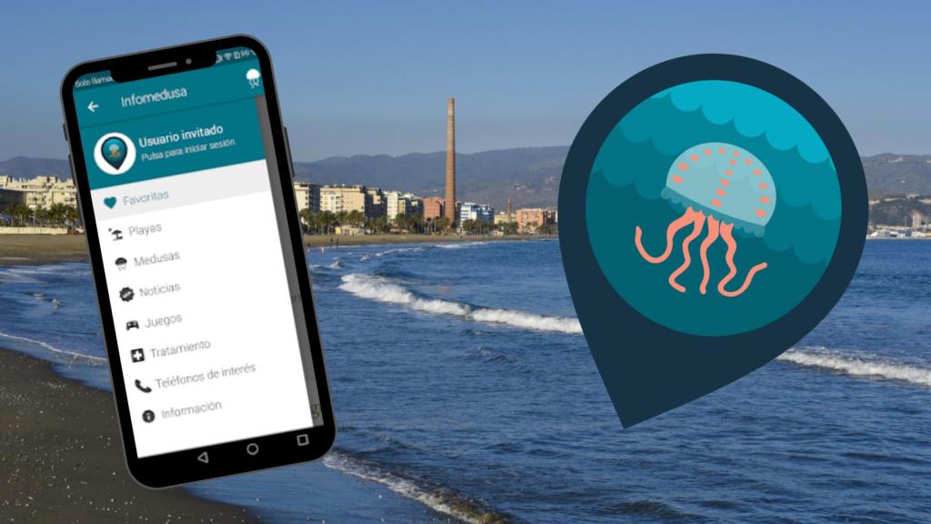 Montaje con la app de Infomedusa y la Playa de la Misericordia.