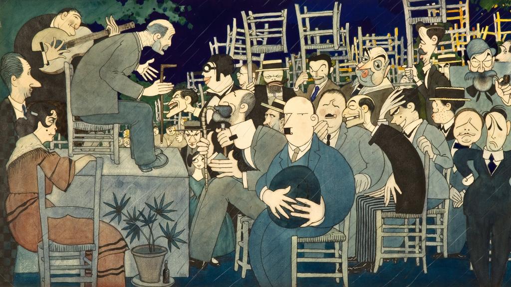 Caricatura de Antonio López Sancho del recital pasado por agua (la sillas hacen de paraguas) del Concurso de 1922 en Granada. aparecen Lorca, Falla, Zuolaga, Andrés Segovia y Rusiñol, entre otras  figuras artísticas. sobre el escenario, Diego el Tenazas.