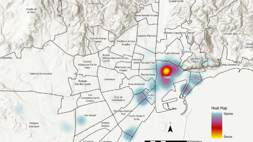 Mapa de distribución de los hurtos a turistas elaborado por A. Cerezo, A Peláez, A Peláez