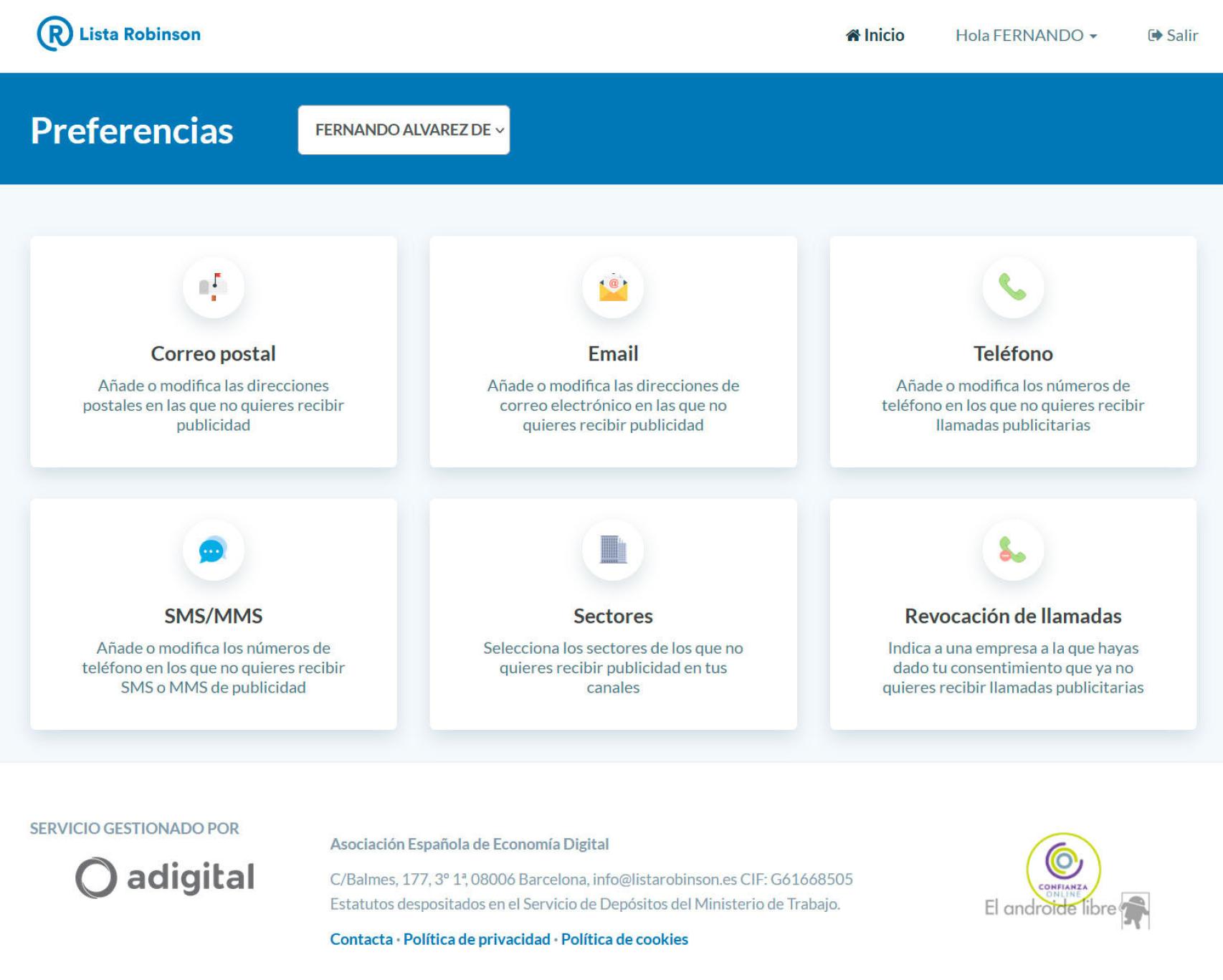 Pantalla principal de la Lista Robinson