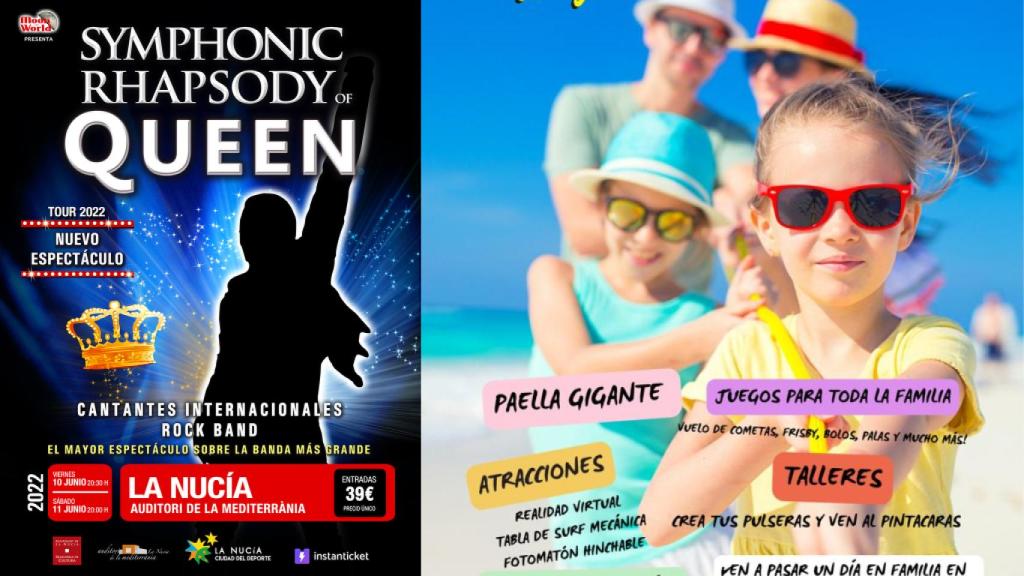 Carteles del concierto de La Nucía y de la jornada de ocio familiar de Alicante.