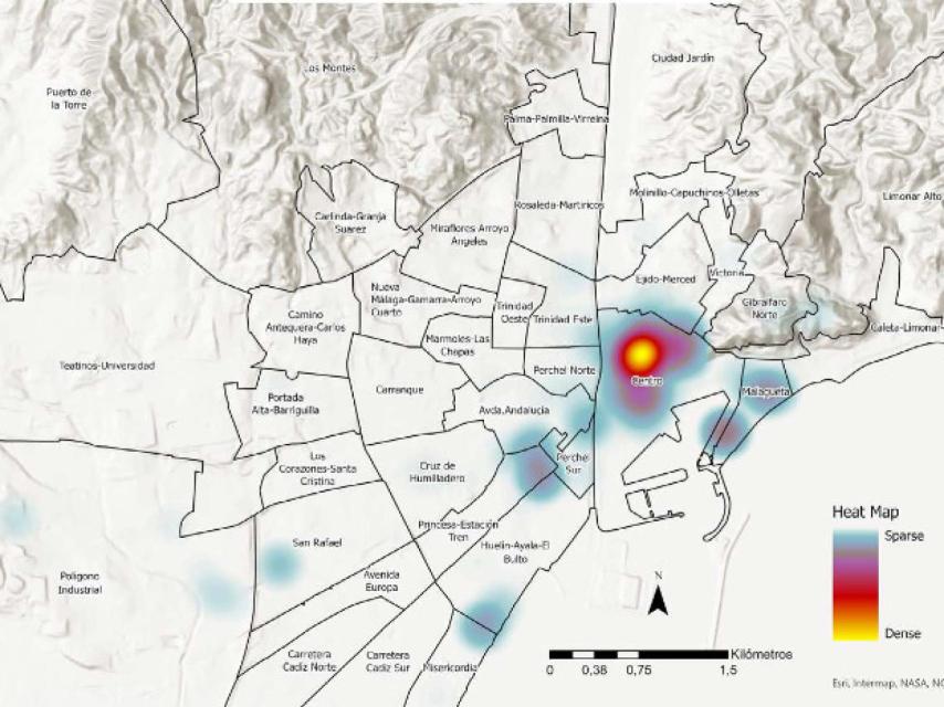 Mapa de la distribución de los hurtos a turistas elaborado por los investigadores.