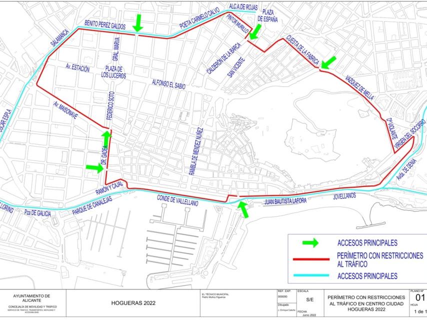 El perímetro de restricción al tráfico en el centro de Alicante.