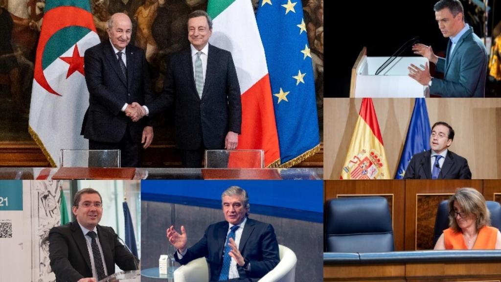 Abdelmadjid Tebboune con Mario Draghi, Pedro Sánchez, José Manuel Albares, Teresa Ribera, Ángel Gavilán, Francisco Reynés.