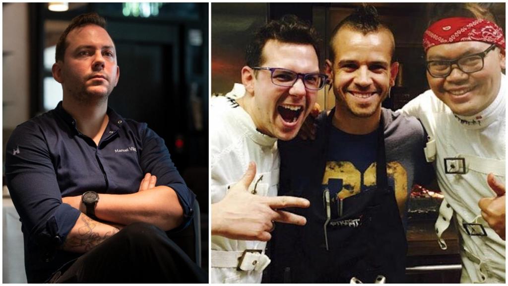 Manuel Villalba (izquierda) y un joven Manuel Villalba junto a Dabiz Muñoz y el 'chino' en DiverXO.