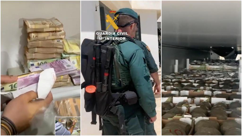 Los fajos de billetes, los investigadores en los registros y las sustancias incautadas.