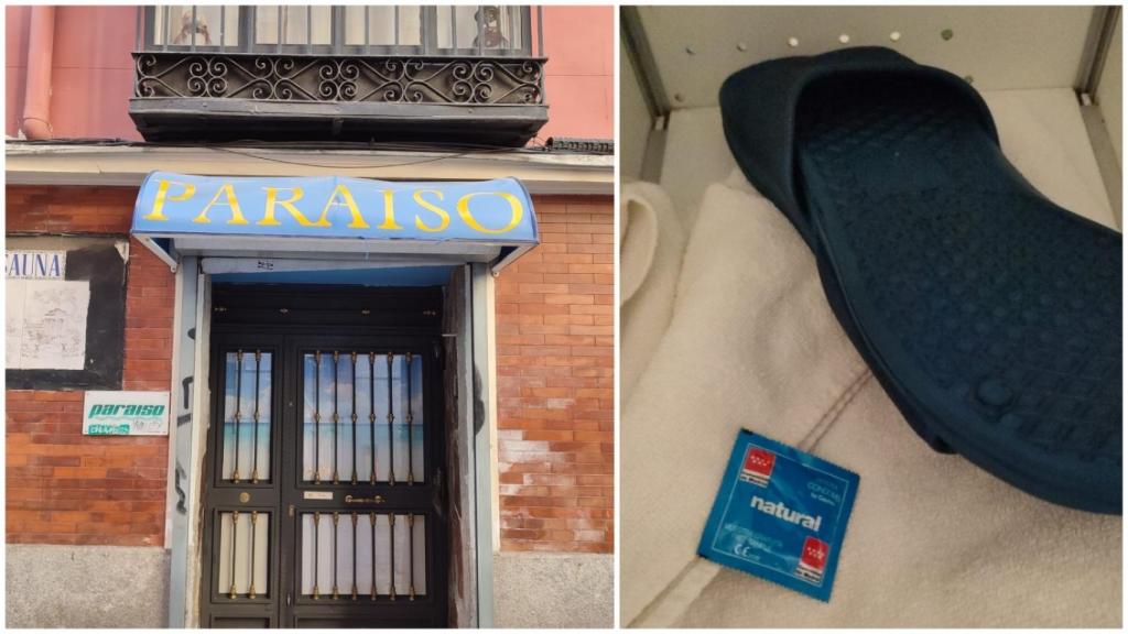 La fachada de la sauna y la toalla y el condón que dan al entrar.