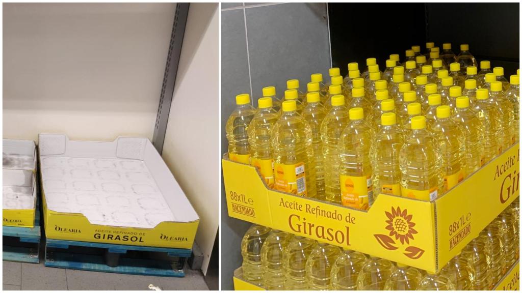 Un supermercado sin existencias en marzo y otro ya abastecido.