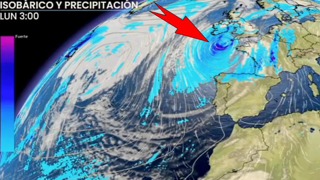 La situación de la borrasca atlántica a finales de semana y principios de la siguiente. Eltiempo.es.