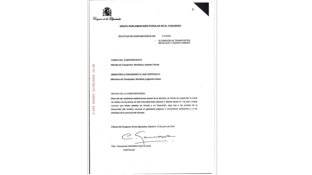 Petición de comparecencia de la ministra de Transportes.