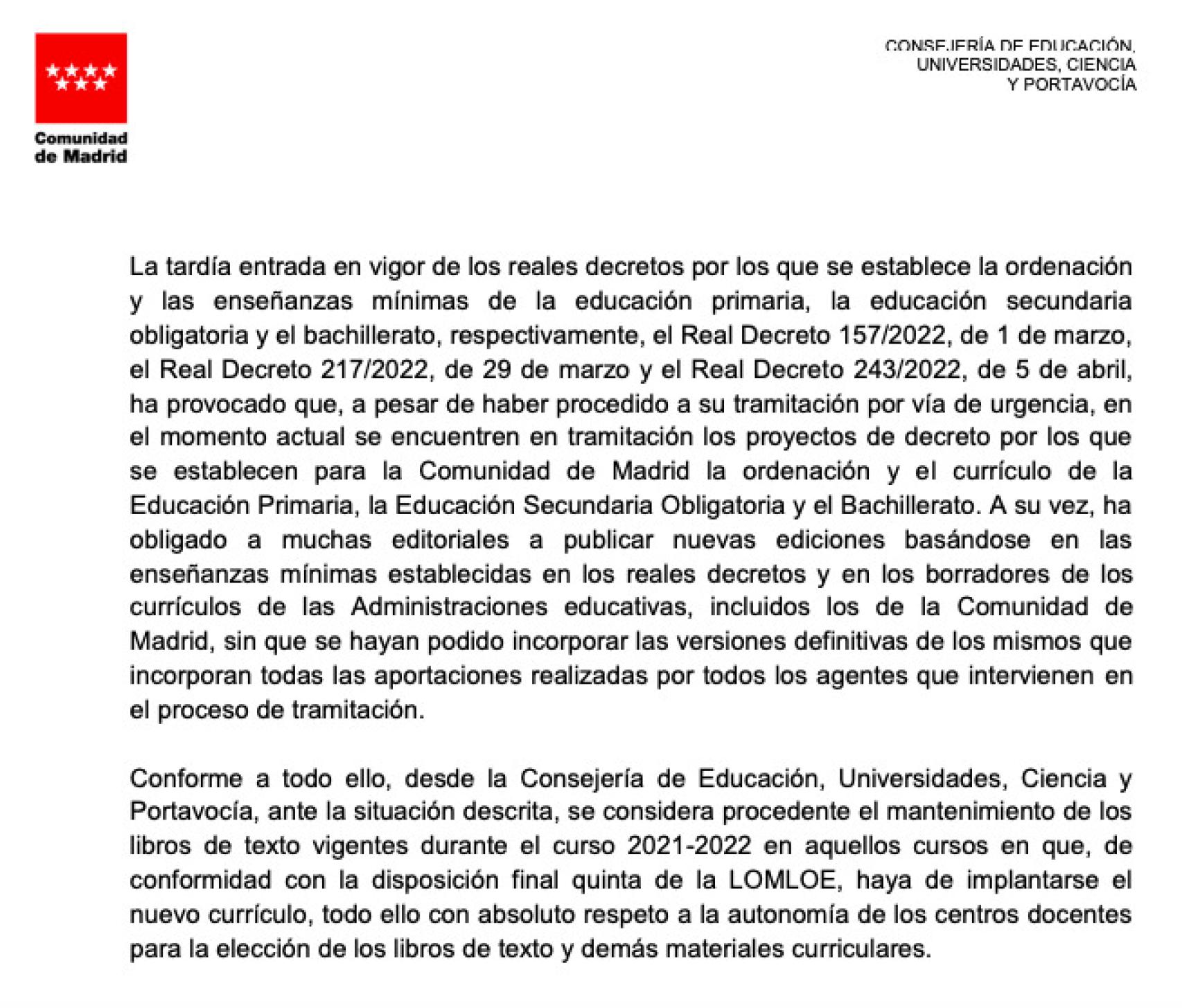 Parte de la circular que ha remitido la Comunidad de Madrid a los centros escolares.