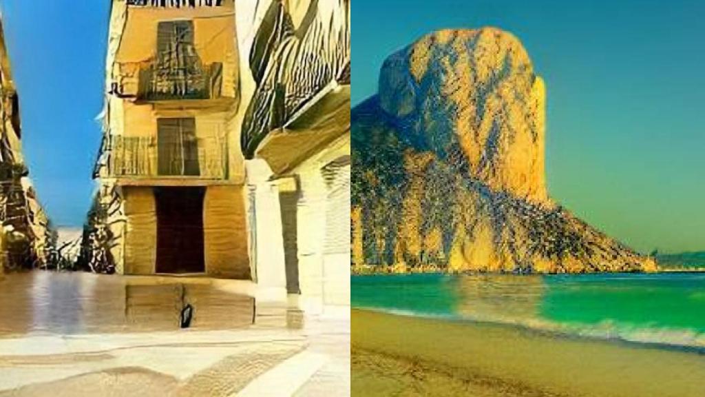 Dall-e Mini interpreta lo que sería una calle de Alcoy y el Peñón de Ifach.