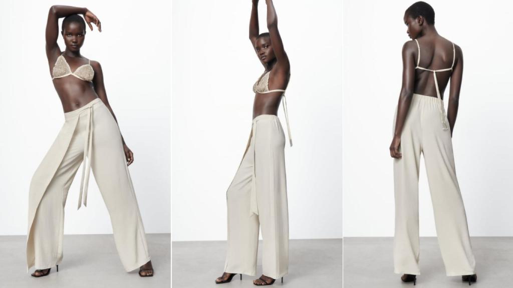 Los detalles del pantalón fluido estilo pareo.