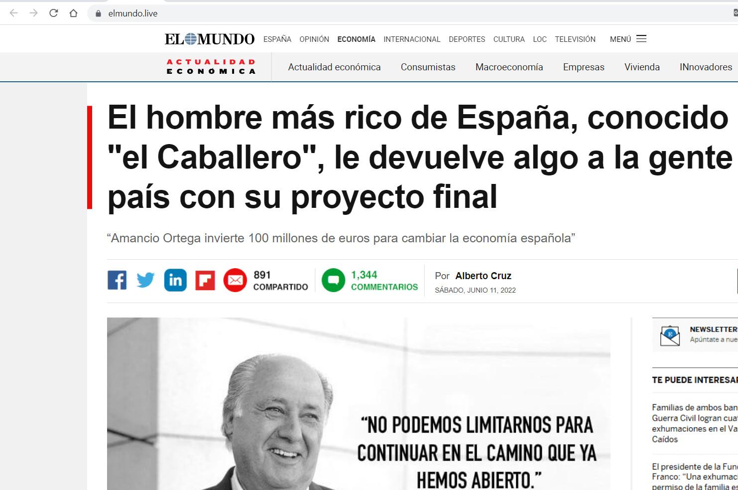 Captura de pantalla de la web que finge ser El Mundo para timar a los usuarios usando la imagen de Amancio Ortega