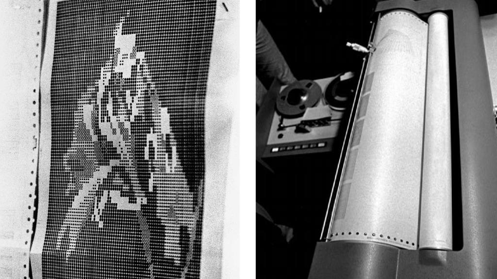 Soledad Sevilla pertenecía al Centro de Cálculo de la Complutense que expuso 'Generación automática de formas plásticas y sonoras'. A la izquierda, una de las obras salidas del ordenador de ‘El Apostolado del Greco’, de Guillermo Searle e Ignacio Gómez de Liaño. Fotos: Demetrio E. Brisset