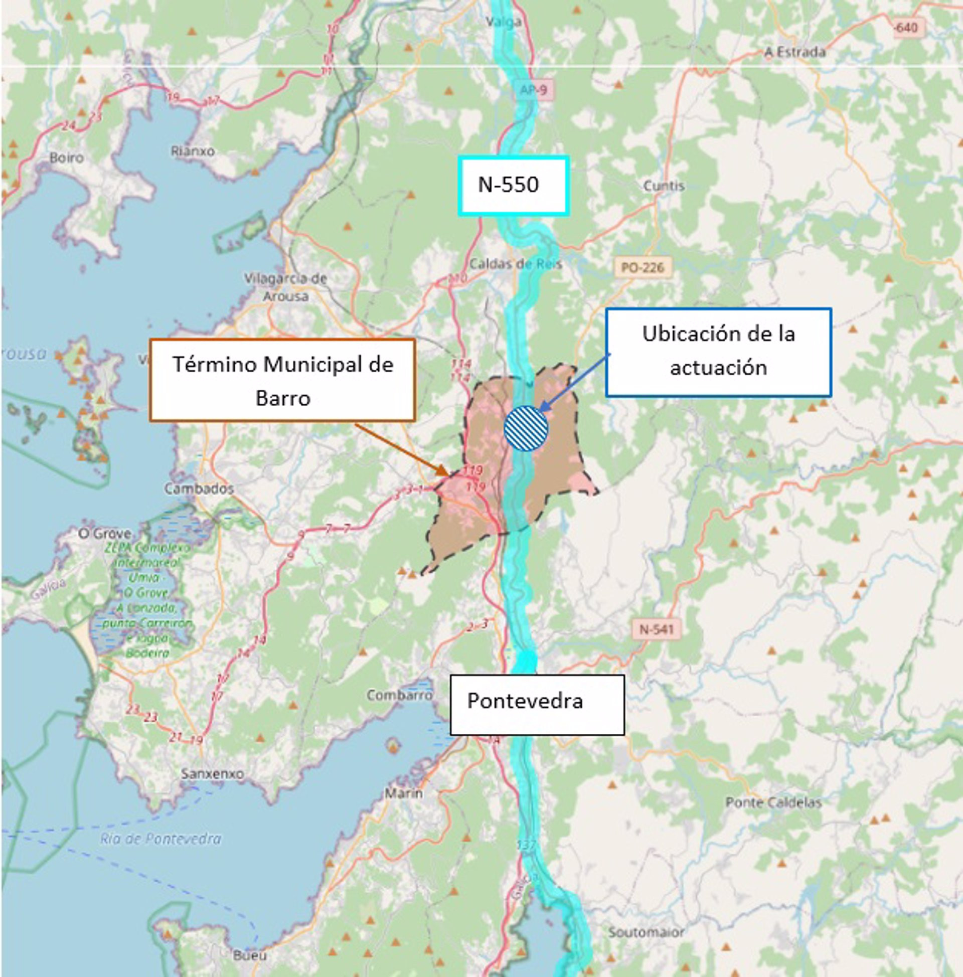 Plano de zona de obras de adecuación de una intersección de la N-550 en Barro (Pontevedra). Imagen: Mitma