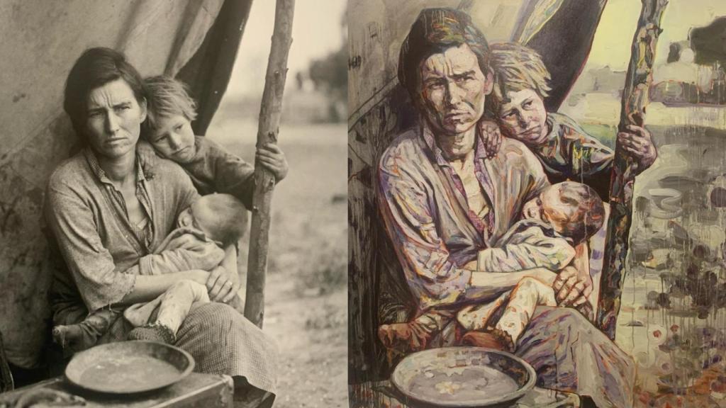 Representación pictórica (dcha.) de la fotografía Madre migrante, de Dorothea Lange (izda.). Óleo sobre lienzo ( 2016).